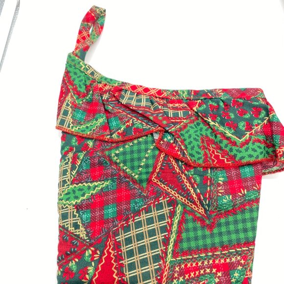 Set Of 2 Fabric Christmas Stockings Holiday Festive Prints Red Green Plaid - Picture 3 of 8